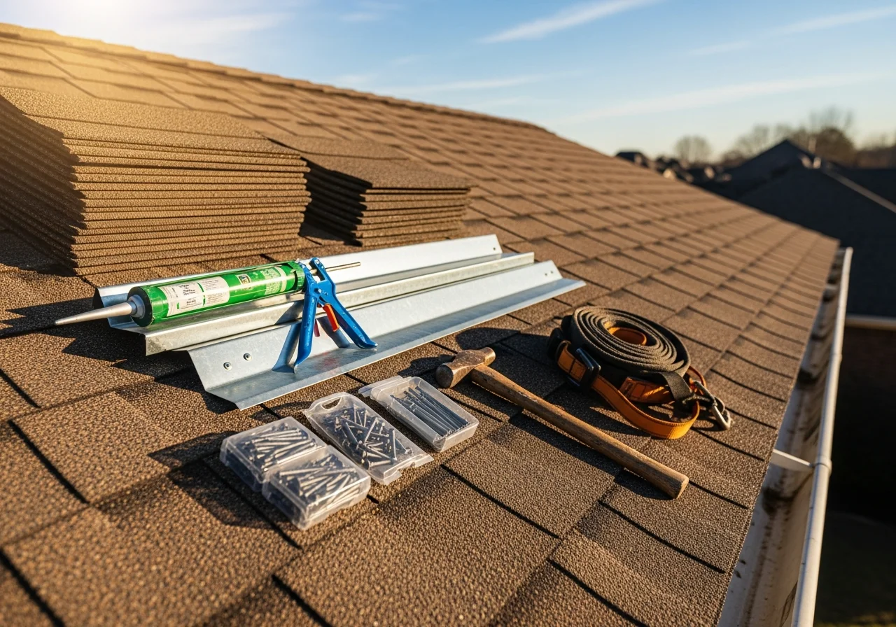 Roofing contractor tools and materials staged on a residential roof, showing shingles, flashing, and safety equipment.