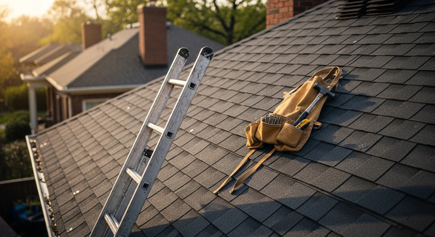 Roofer installing shingles on residential home