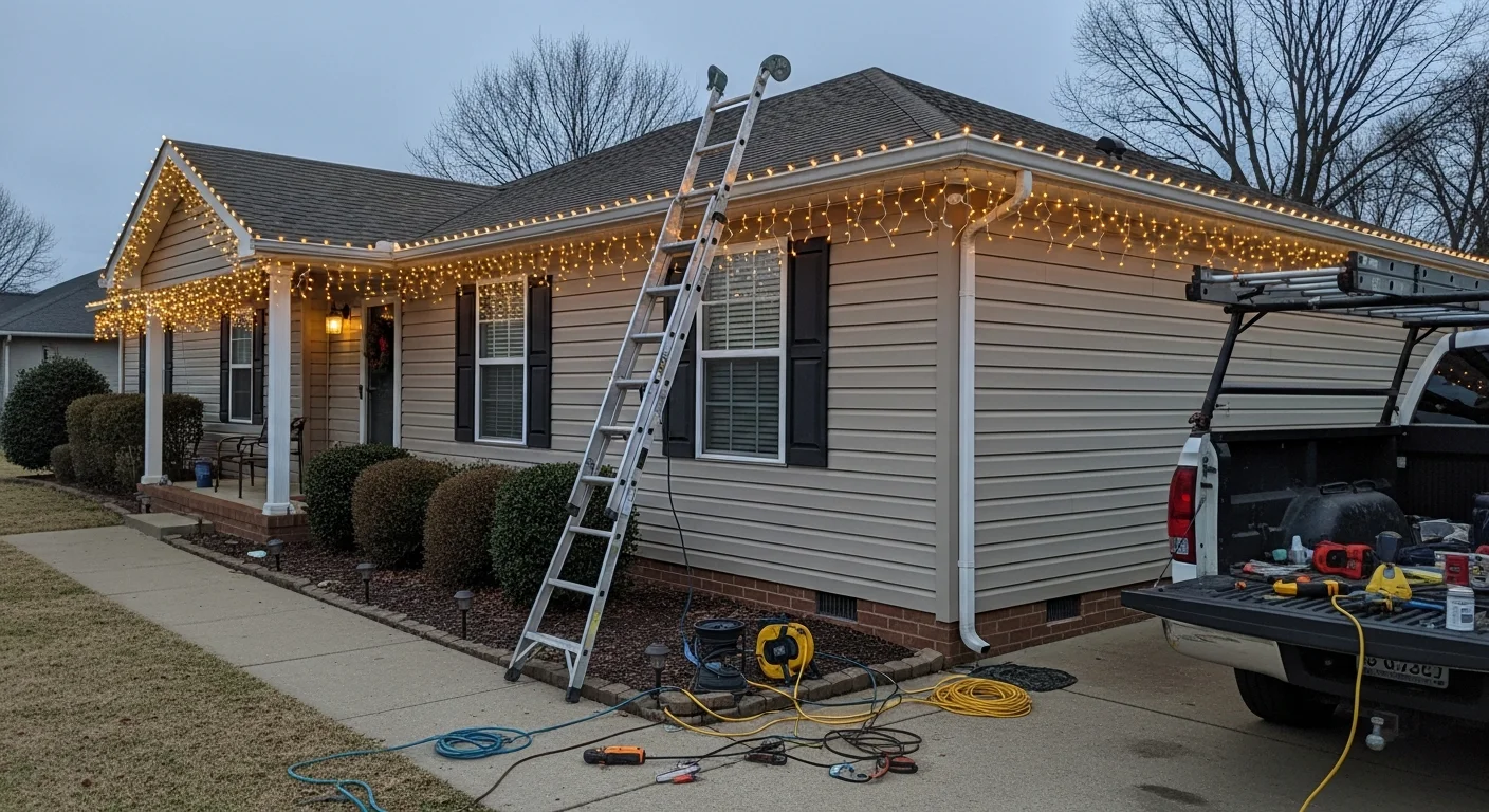 Professional Christmas lights installed along the roofline and eaves of a residential home in Millington, TN, with evenly spaced warm-white lights visible from the street. The display covers the full front roofline and frames the entryway of a single-story home.