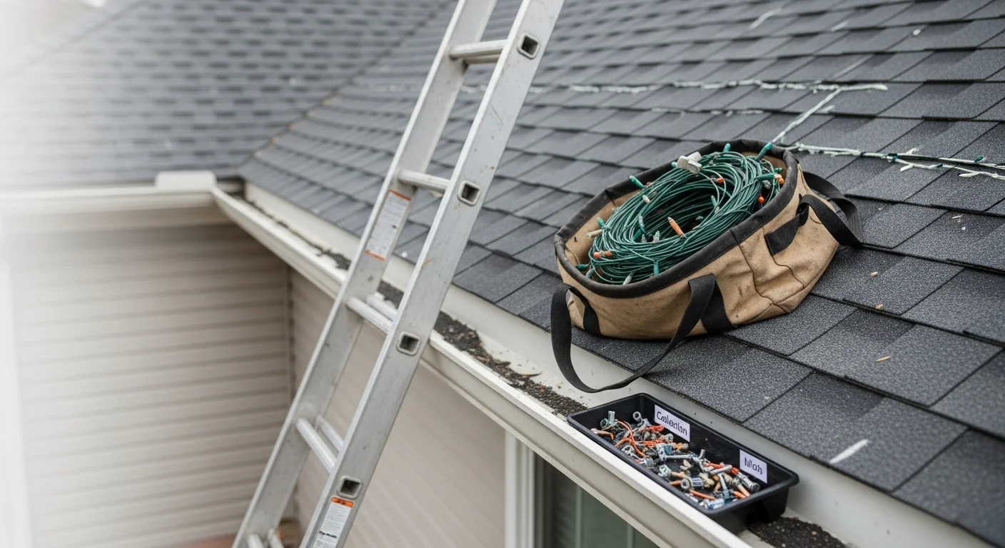 A two-story residential home in Millington, TN with Christmas lights and clips being carefully removed from the roofline and gutters by a crew member on a ladder. The exterior shows cleared eaves on one side and remaining strands on the other mid-removal.