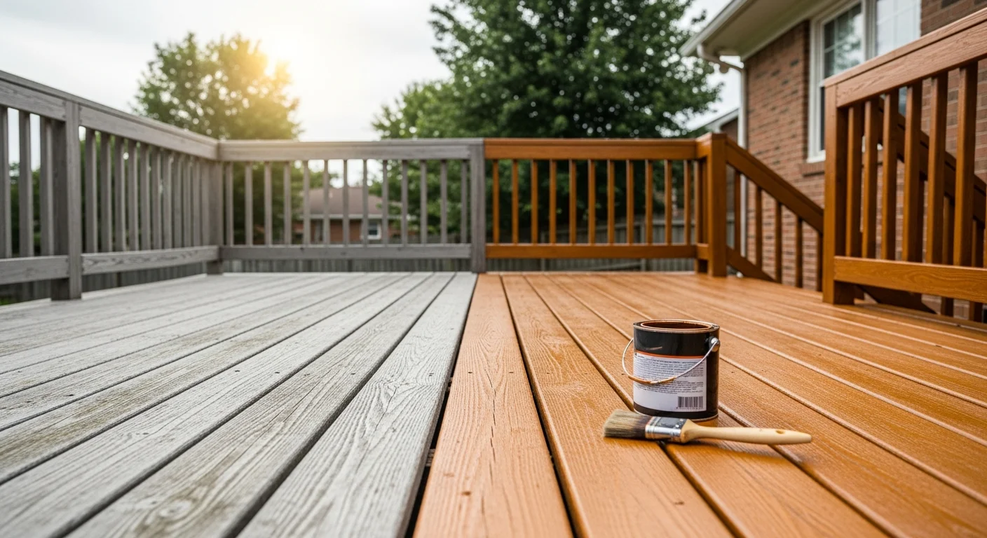 A freshly stained wood deck on a single-family home in Millington, TN, with even color across all boards, railings, and steps. The deck shows no signs of graying or peeling after professional stain application by S&F Roofing LLC.