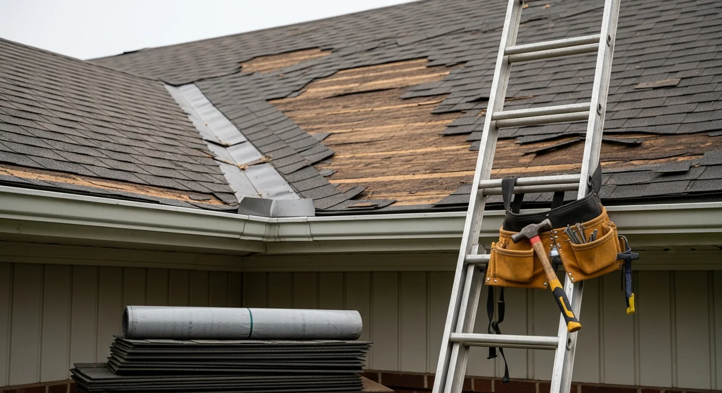 A Millington, TN residential roof with storm-damaged shingles being repaired by a roofing contractor. Close-up view shows lifted and missing shingles along the roof field following a severe weather event.