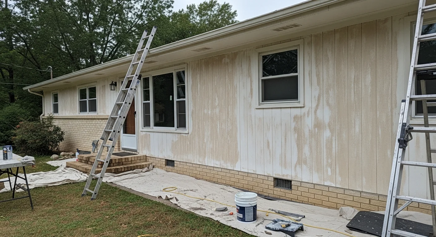 Freshly painted exterior of a single-family home in Millington, TN, showing clean white siding and painted trim around windows and front door. A painting contractor applies a second coat to the wood fascia along the roofline on a clear day.