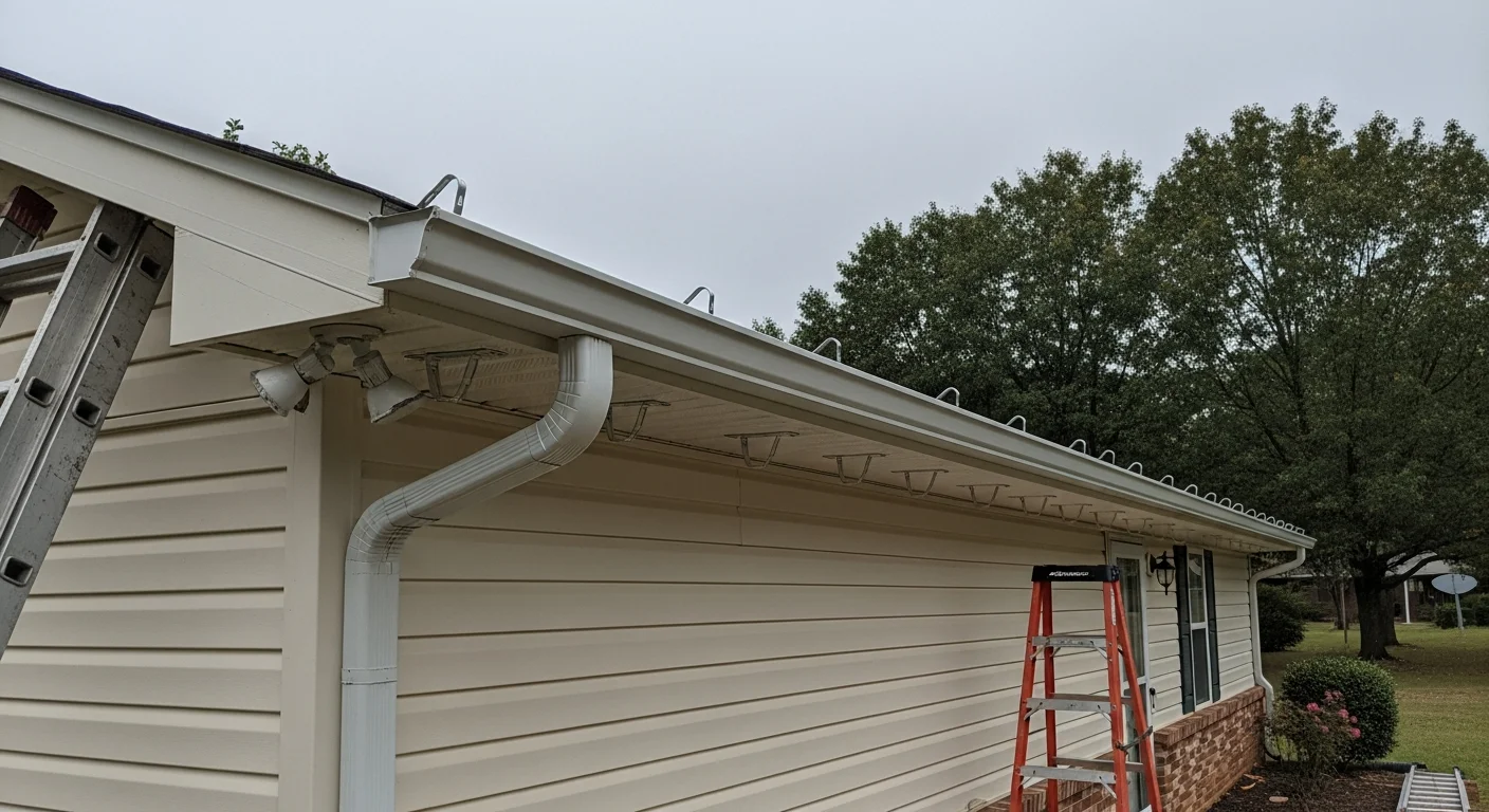 Newly installed gutters running along the roofline of a single-family home in Millington, TN, with a downspout directing water away from the foundation. The fascia boards are clean and the gutter runs are straight, showing a completed professional installation.