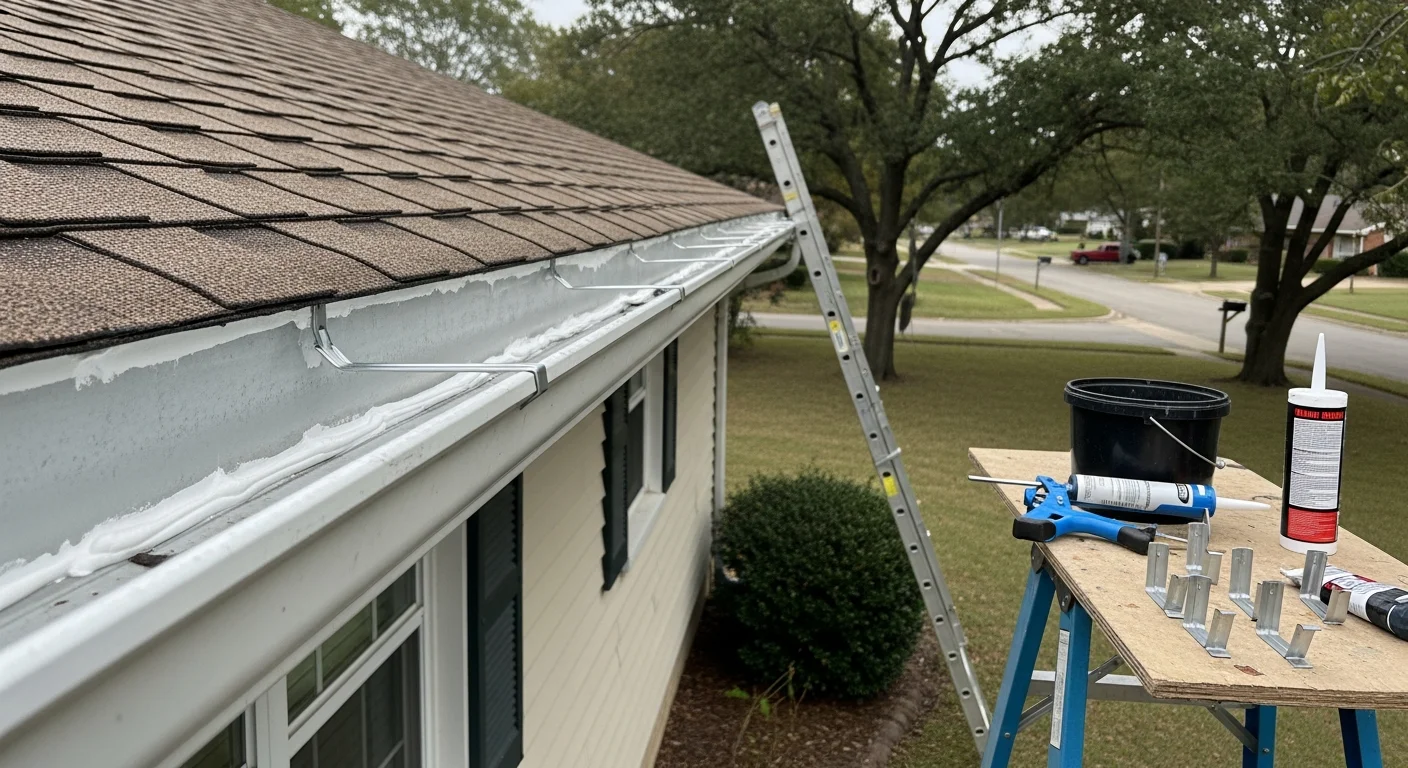A roofing contractor reattaching a sagging gutter section to the fascia board on a single-story residential home in Millington, TN. The repaired gutter run is flush against the roofline with a clear downspout directing water away from the foundation.