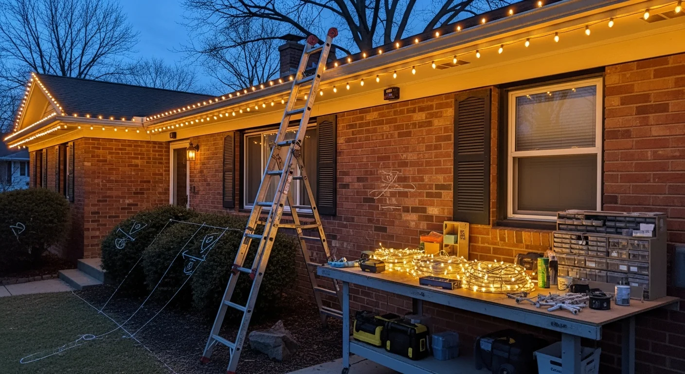 A Millington, TN ranch-style home with professional holiday lights installed along the roofline, eaves, and front walkway. The display is evenly spaced and lit against a winter evening sky.
