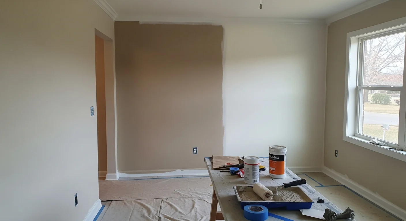 Interior walls and white trim freshly painted inside a single-family home in Millington, TN. Clean, even finish visible across the living room walls and ceiling with no brush marks or streaks.