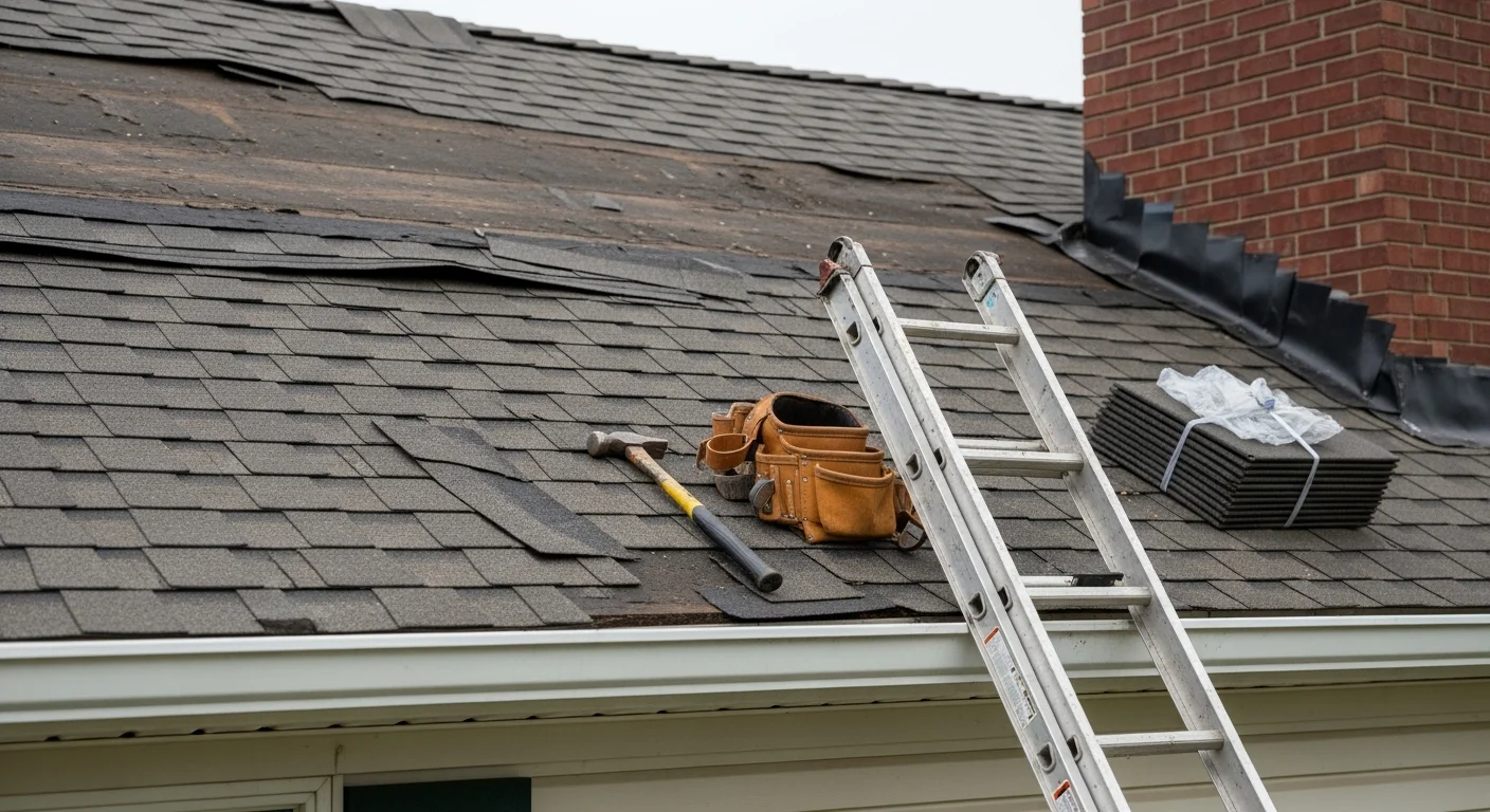 A roofing contractor repairing damaged shingles on a residential home in Millington, TN after storm damage. Close-up view shows replaced shingles and sealed flashing along the roof edge.