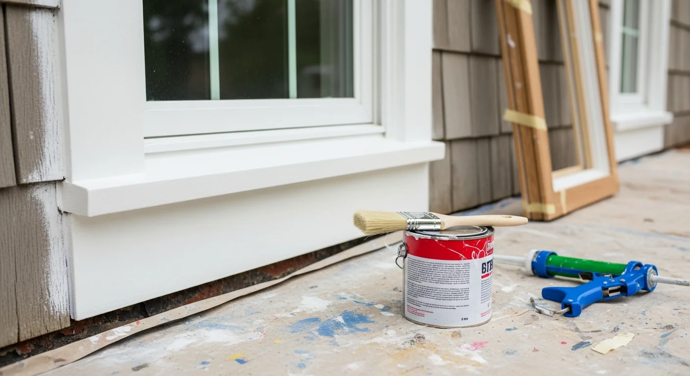 Freshly painted white exterior trim on a single-family home in Millington, TN, showing clean lines around window frames and door casings against a brick facade. Close-up view highlights smooth, even coverage on wood trim with no peeling or gaps at the caulk lines.